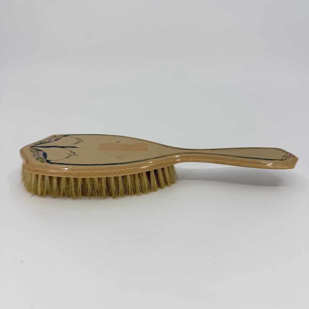 Vtg‎ Beveled Faux Woodgrain Vanity Hair Brush Crest Shape Floral Design 8.25"